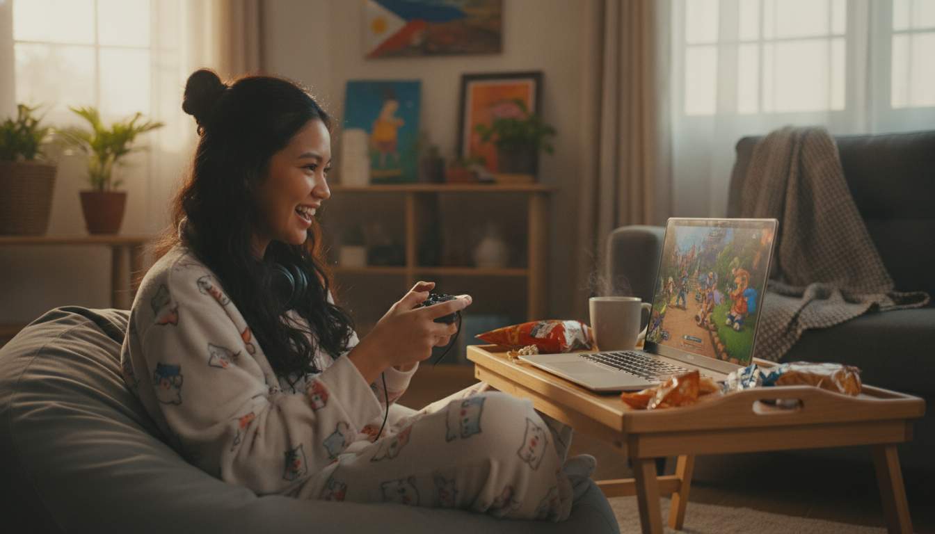 Enjoy Gaming with YYYPH Happy Filipino woman enjoying online gaming